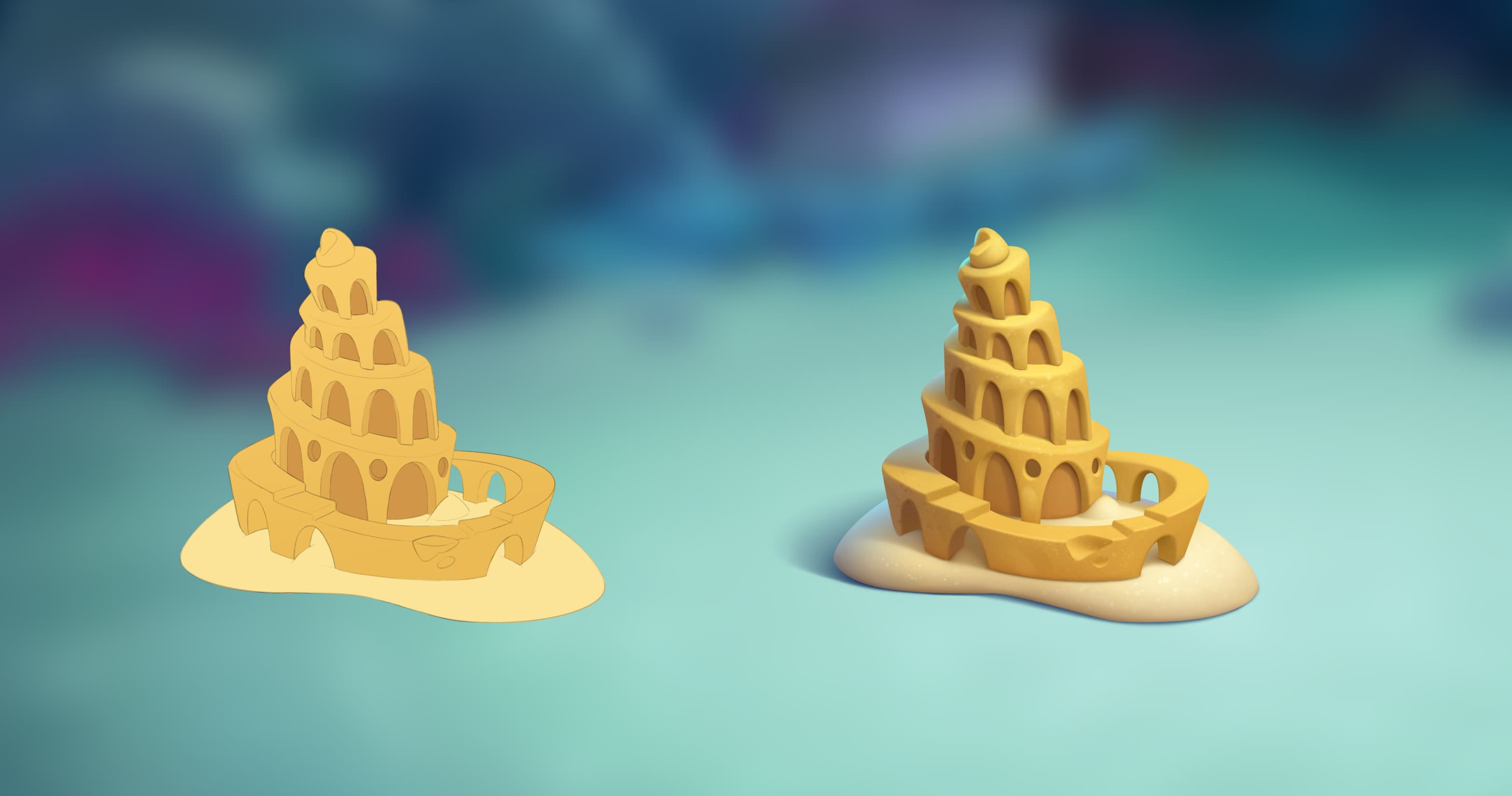 A sand-sculpted coliseum on a beach, concept and render.