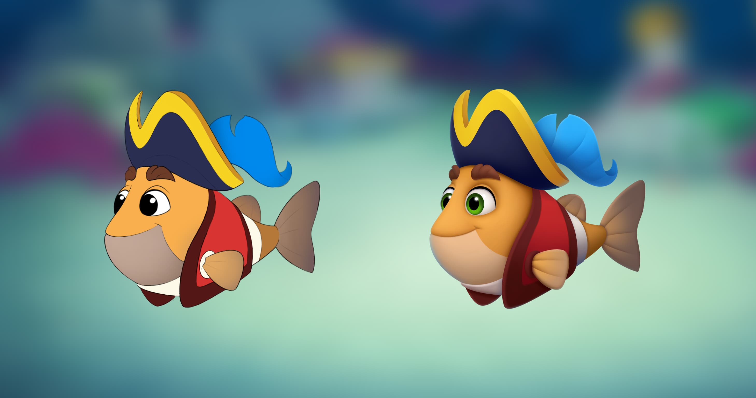 A pirate-themed fish character, concept and render.