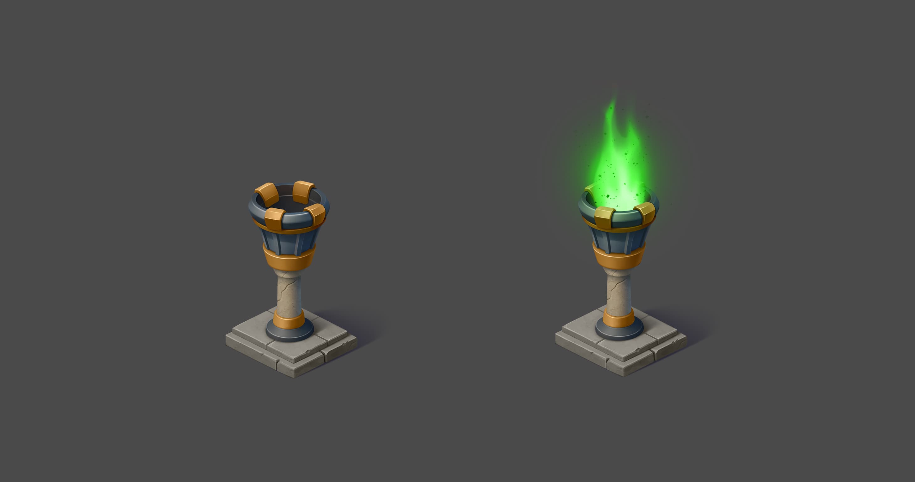 A column-mounted brazier in two states — unlit and with green magic flame, final render.