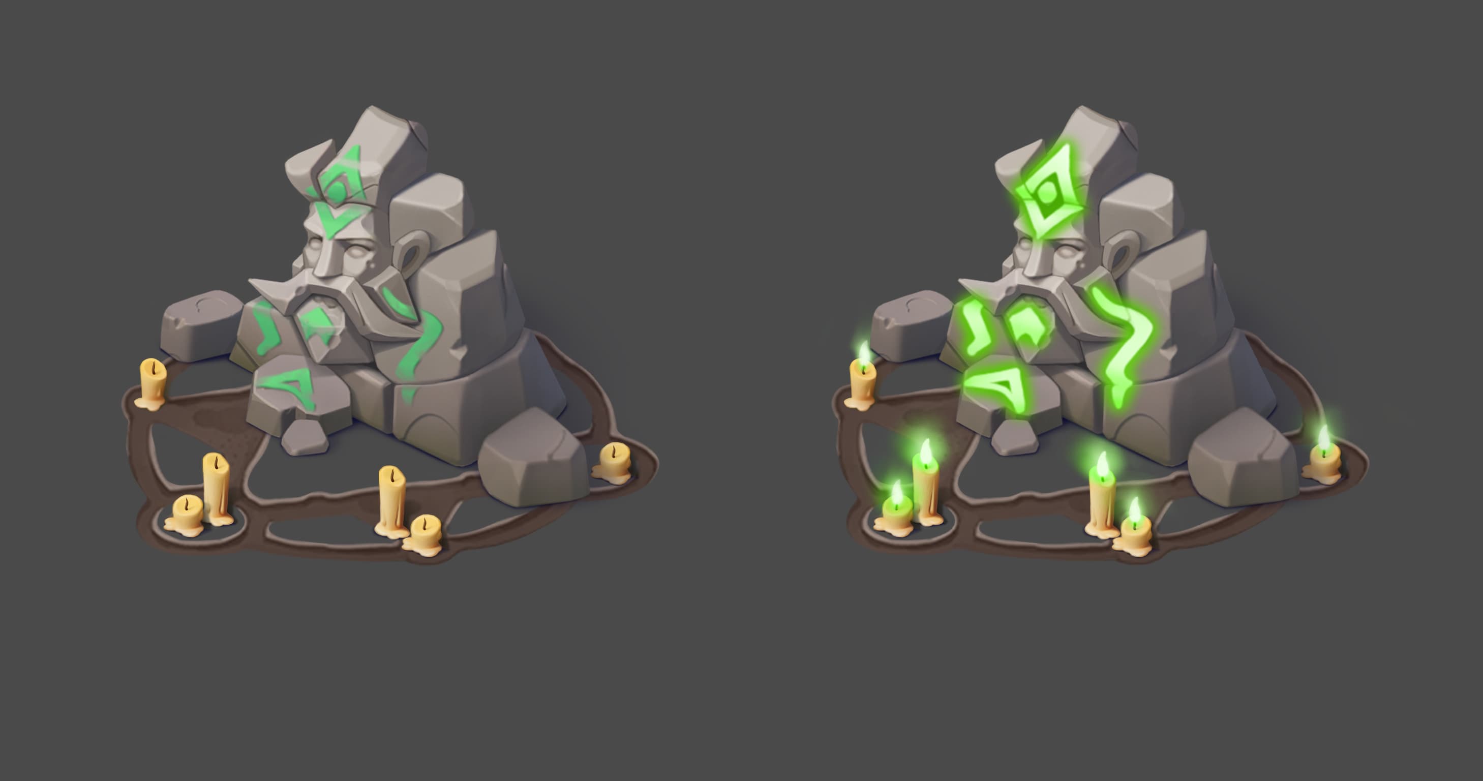 A stone rune idol with candles in two glow states, final render.