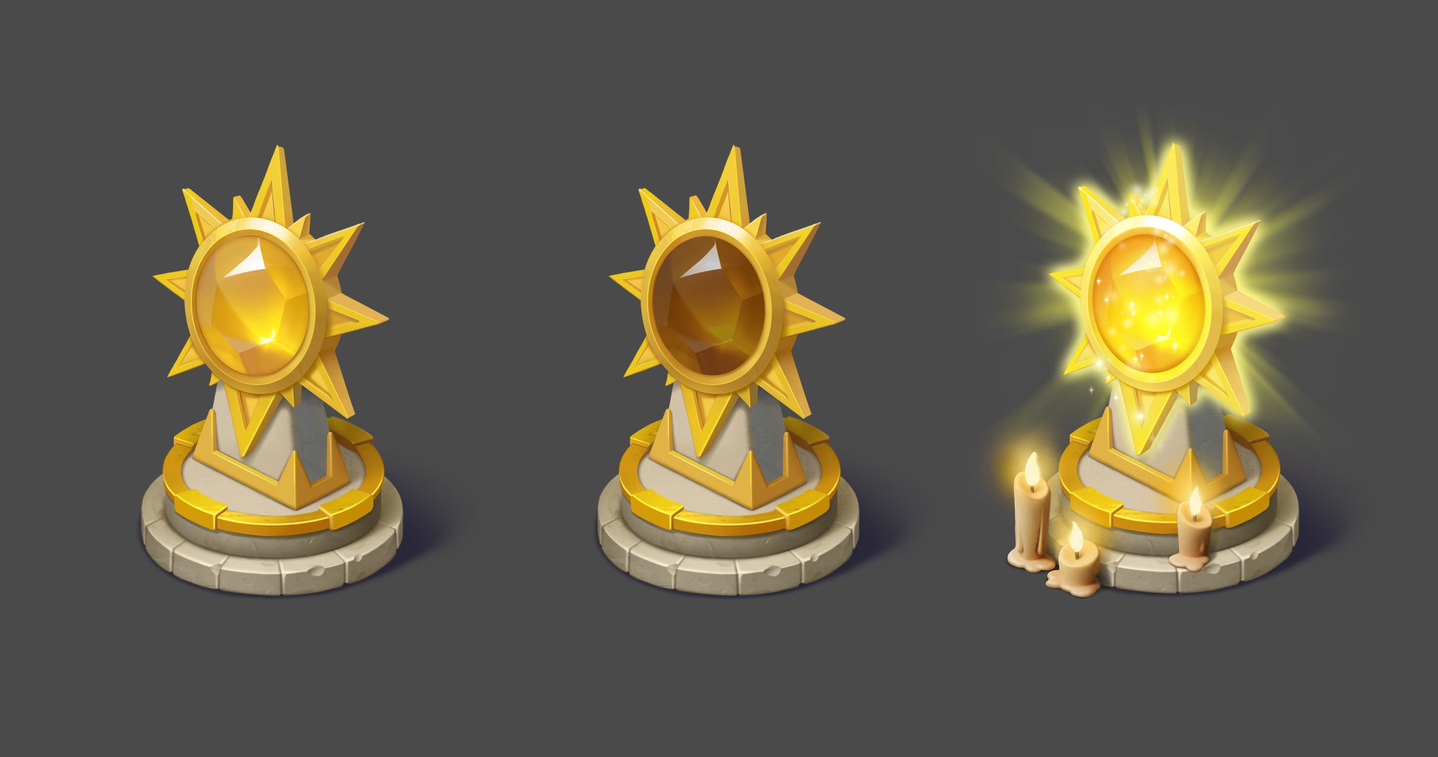 A golden sun-medallion altar in three states from base to radiant, final render.
