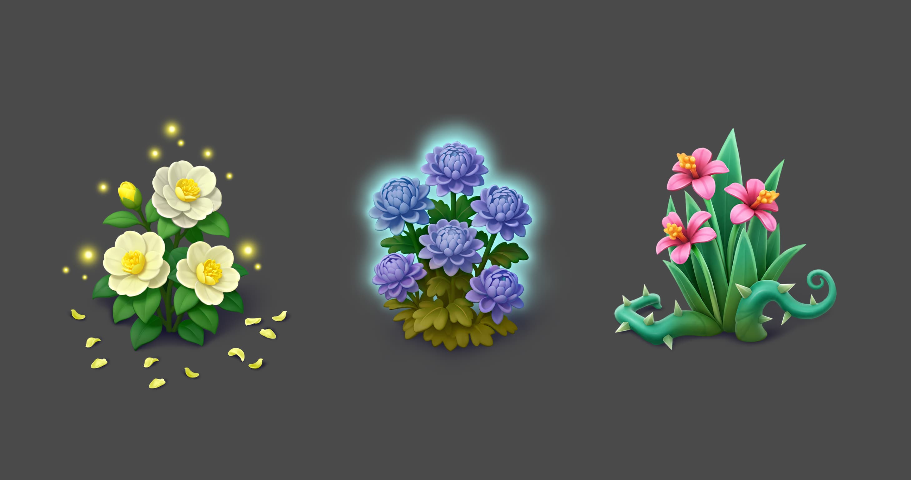 Three magical flowering plants — white camellia, glowing purple chrysanthemum, and pink tropical flowers, final render.